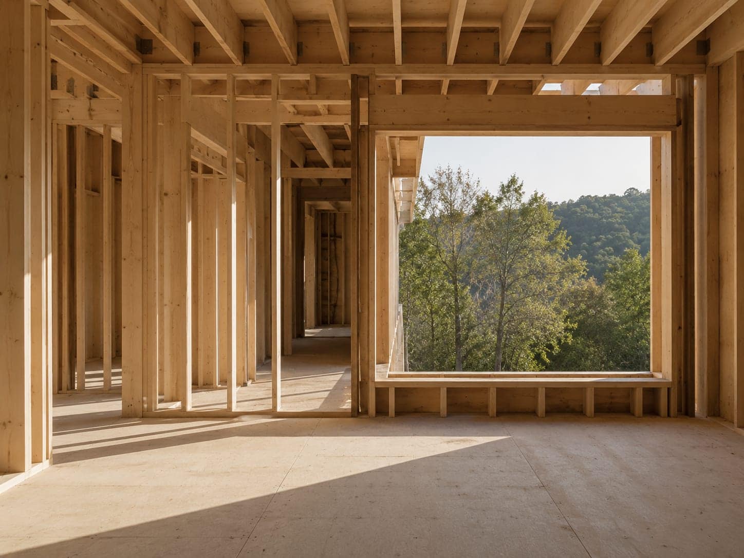 Precise timber framing of a home under construction in warm daylight